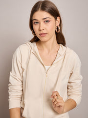 Women Off White Terry Hoodie Jacket With Track Pants-SFJCKT6972_SFPANT50996