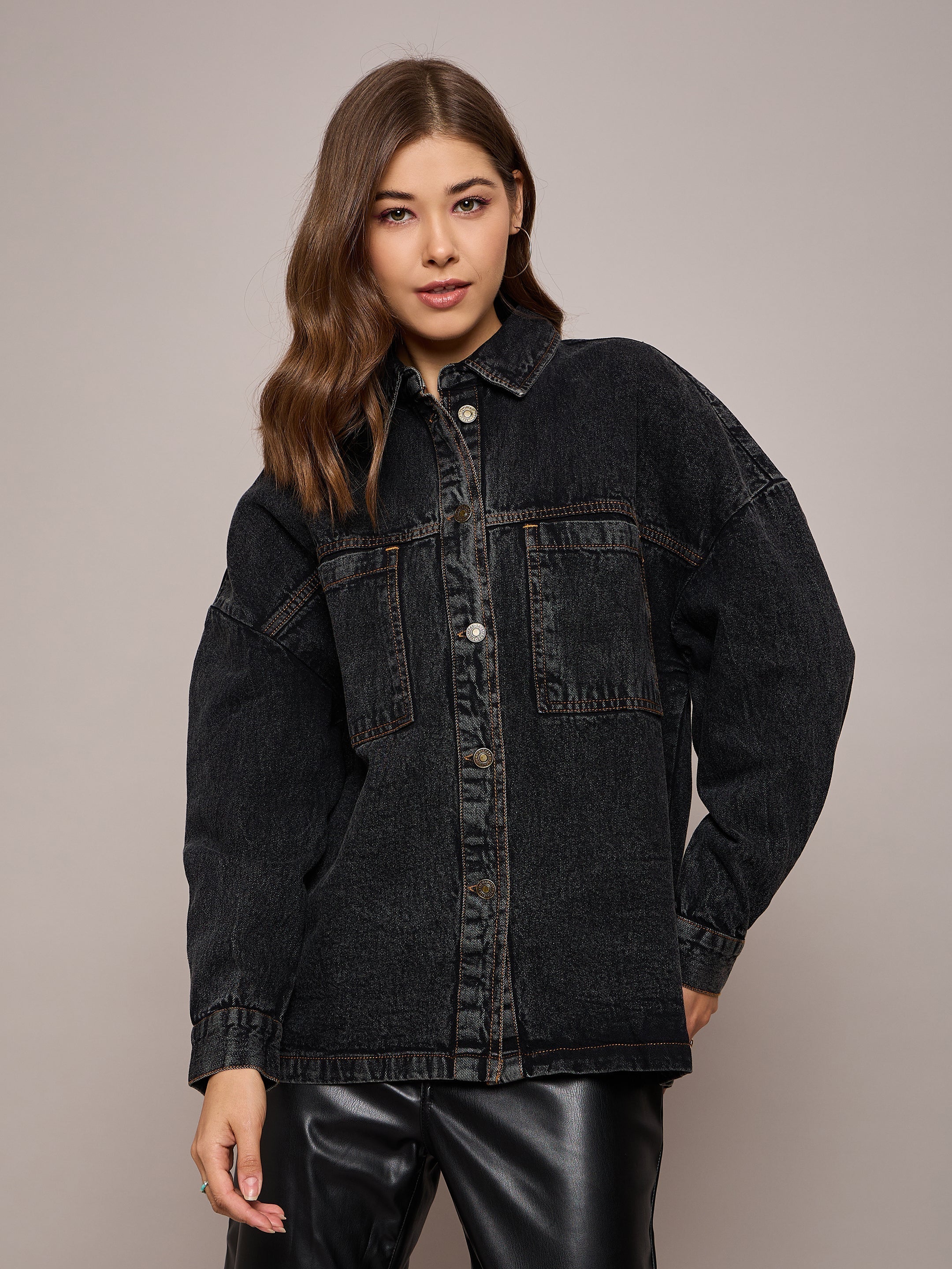 Women Black Denim Oversized Jacket-SFJCKT6973