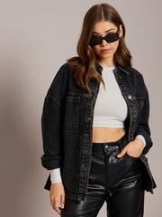 Women Black Denim Oversized Jacket-SFJCKT6973