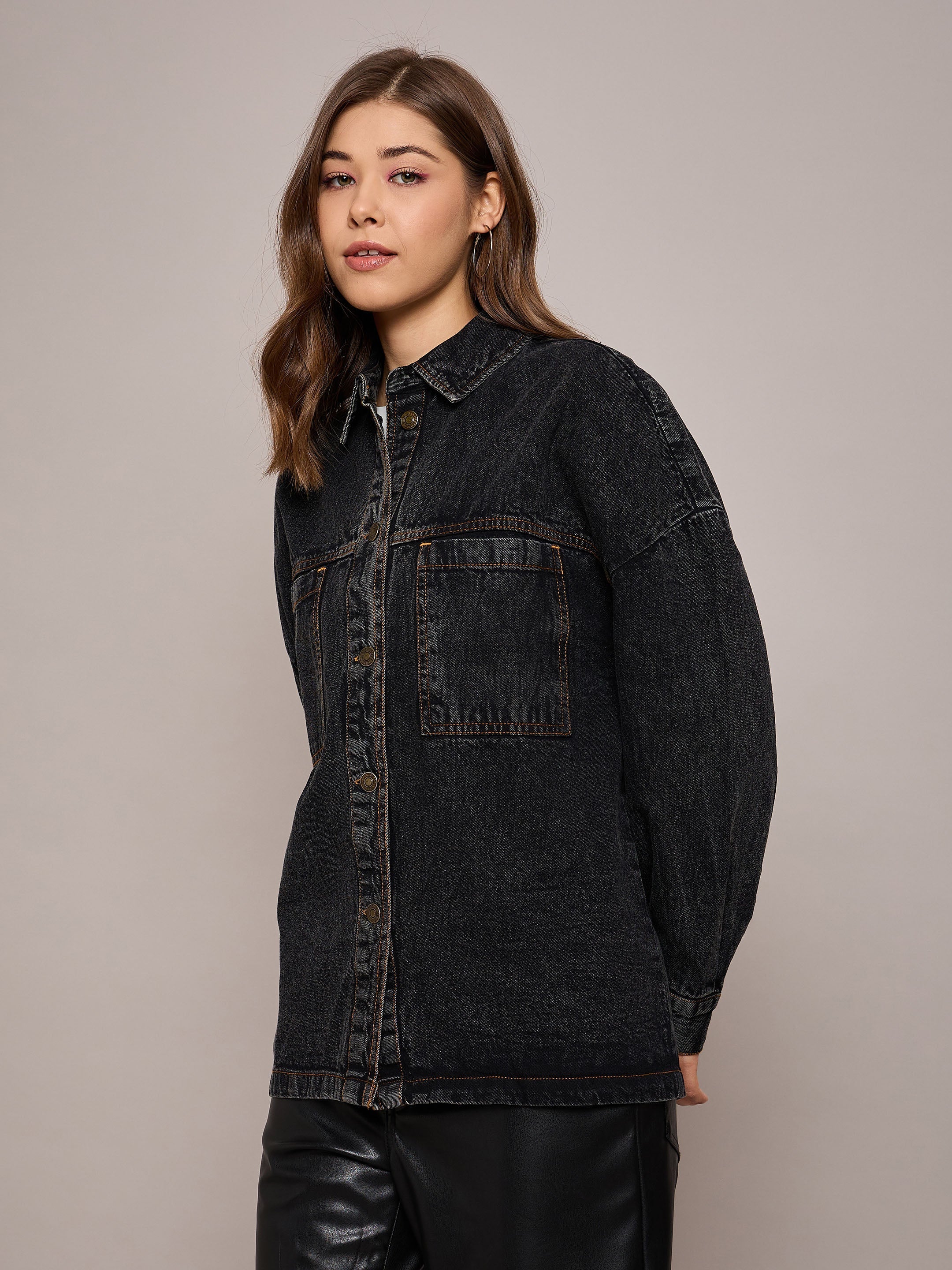 Women Black Denim Oversized Jacket-SFJCKT6973