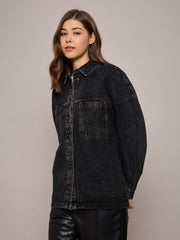 Women Black Denim Oversized Jacket-SFJCKT6973