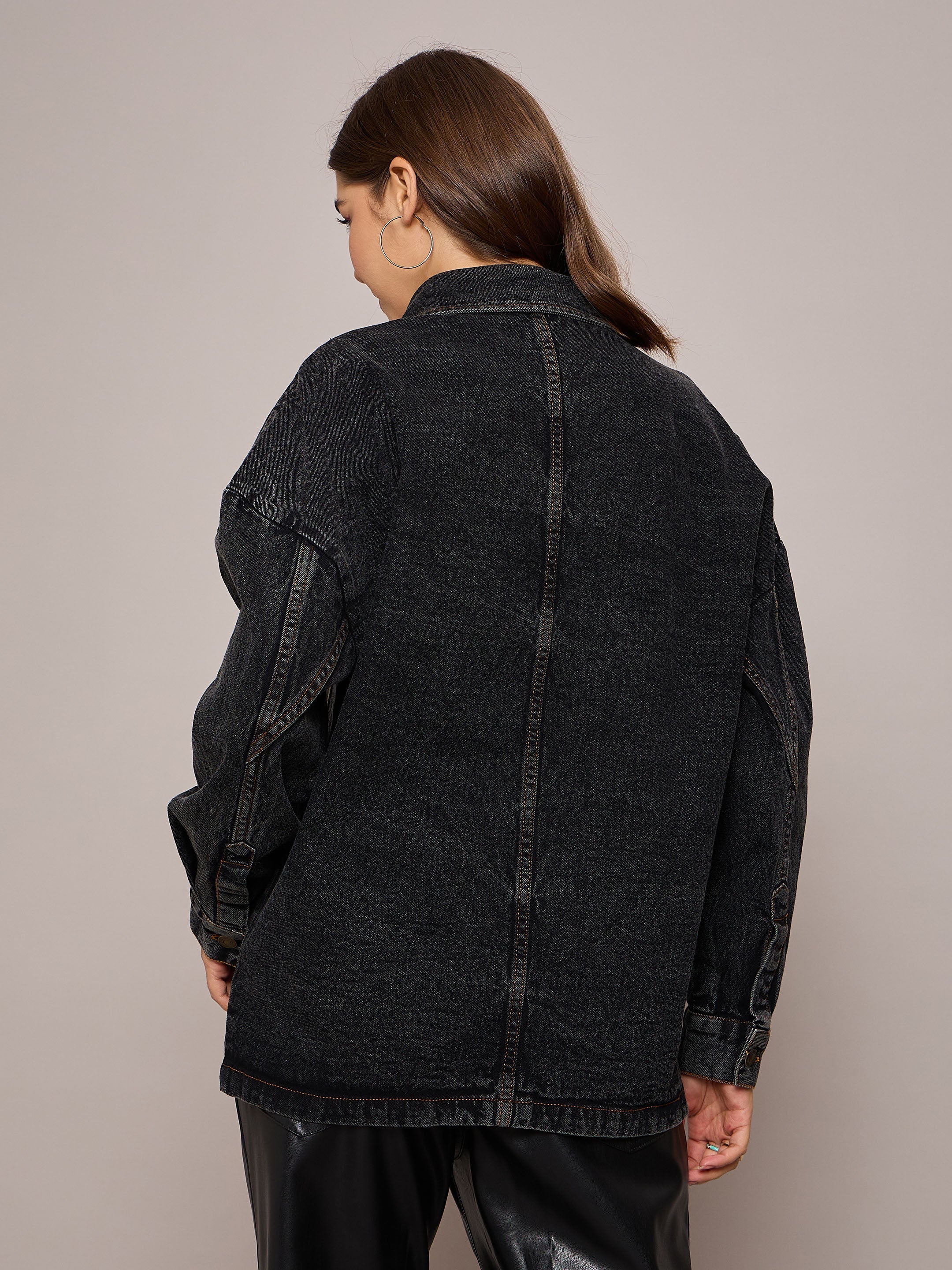 Women Black Denim Oversized Jacket-SFJCKT6973