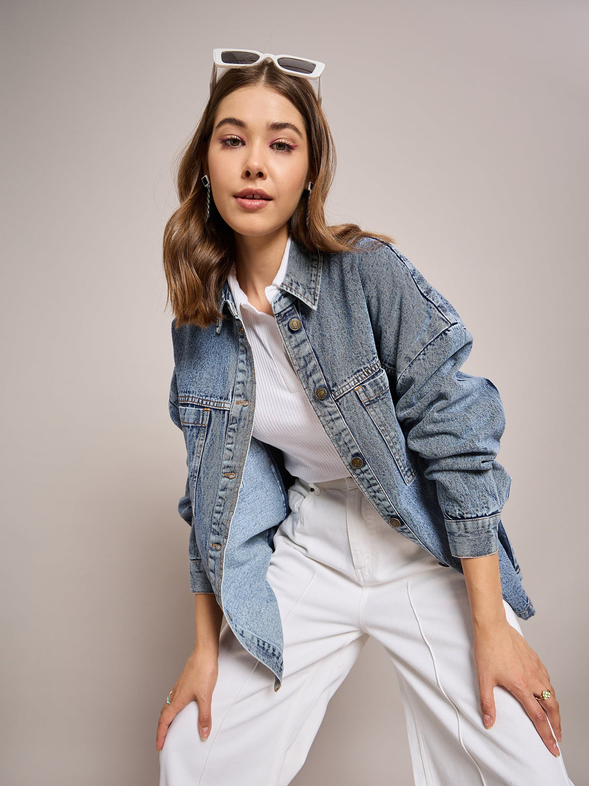 Women Blue Denim Oversized Jacket-SFJCKT6974