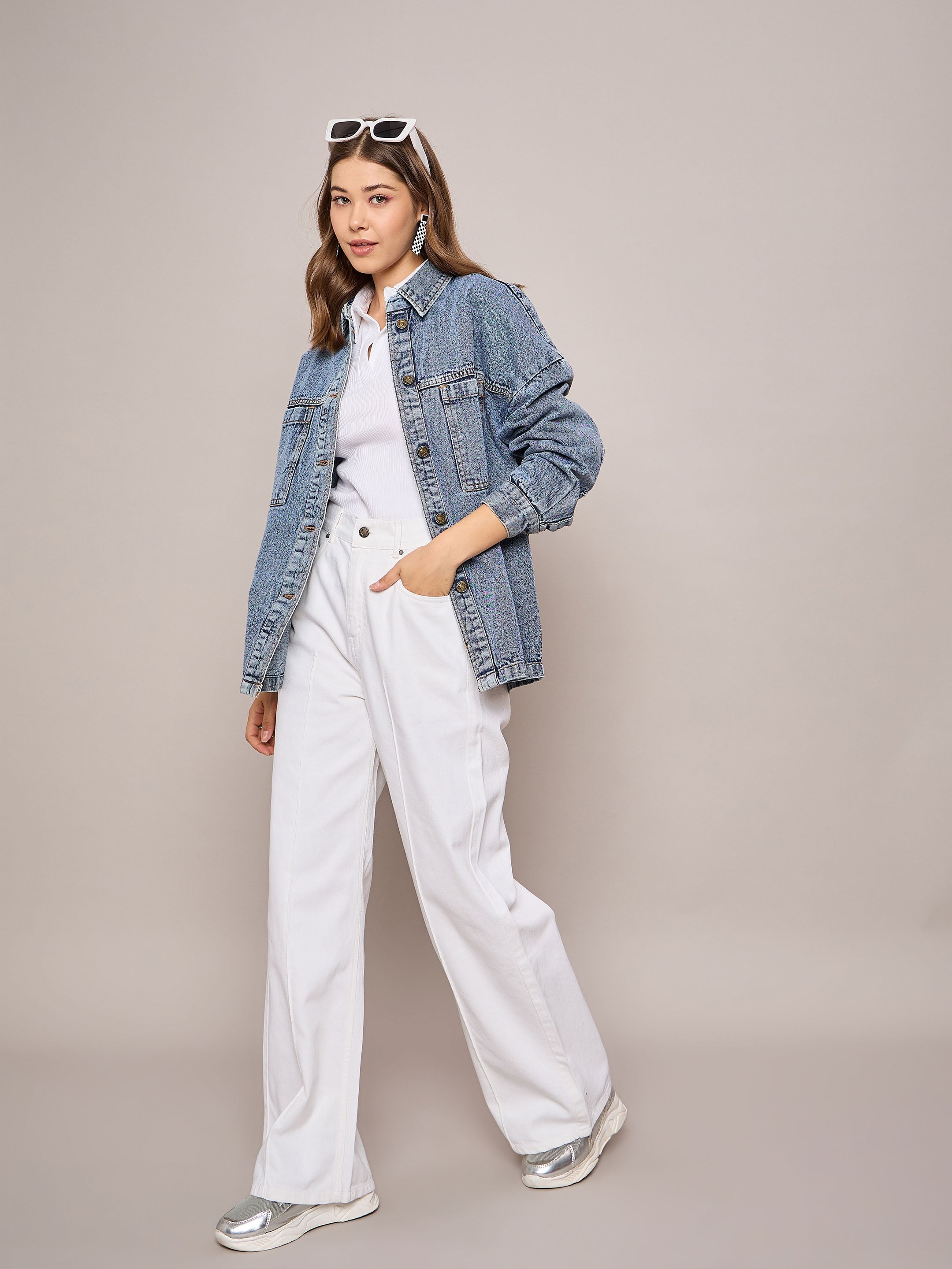 Women Blue Denim Oversized Jacket-SFJCKT6974