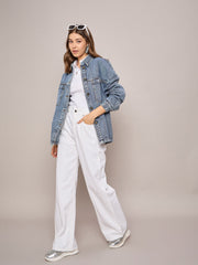 Women Blue Denim Oversized Jacket-SFJCKT6974