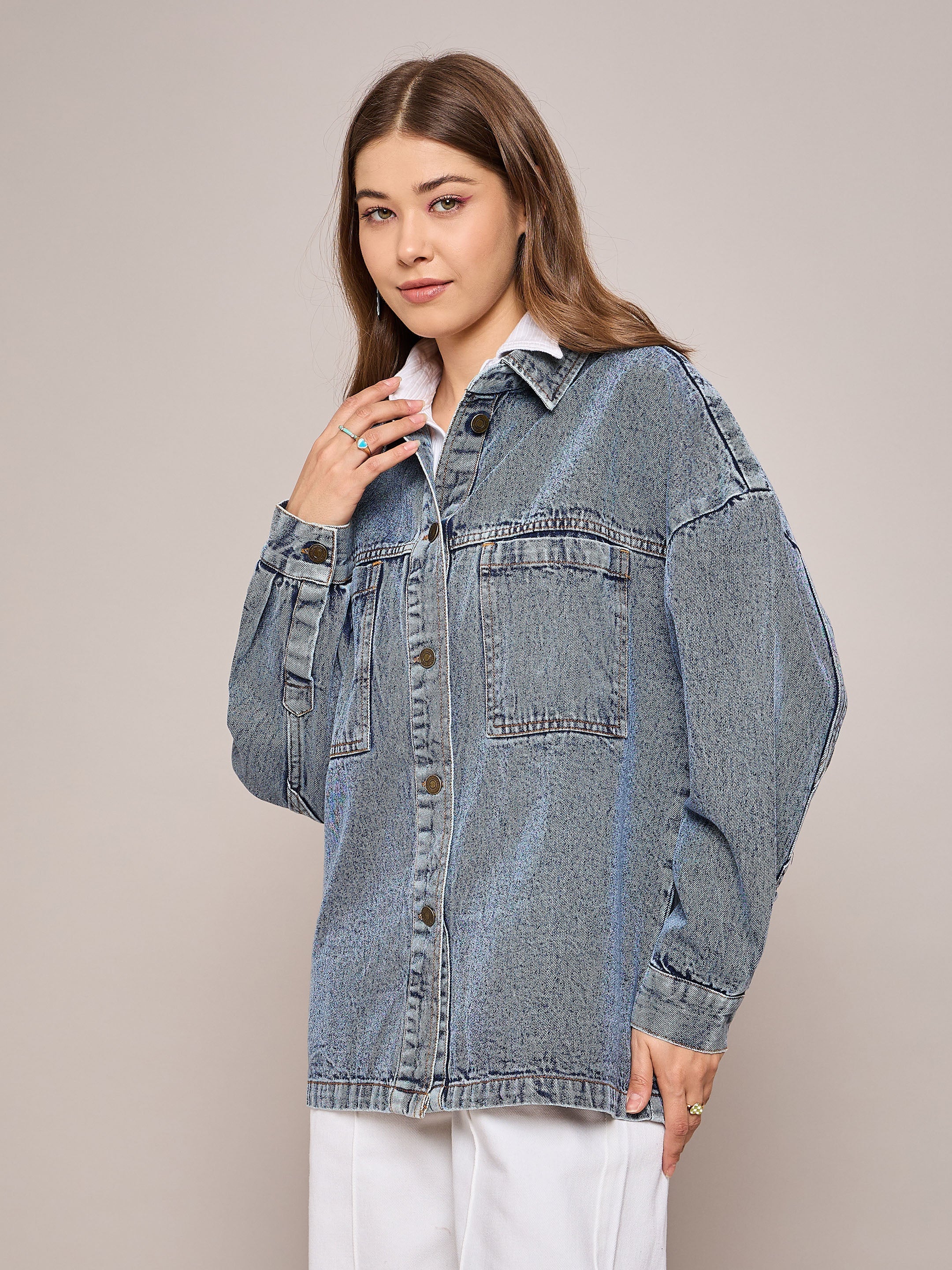 Women Blue Denim Oversized Jacket-SFJCKT6974
