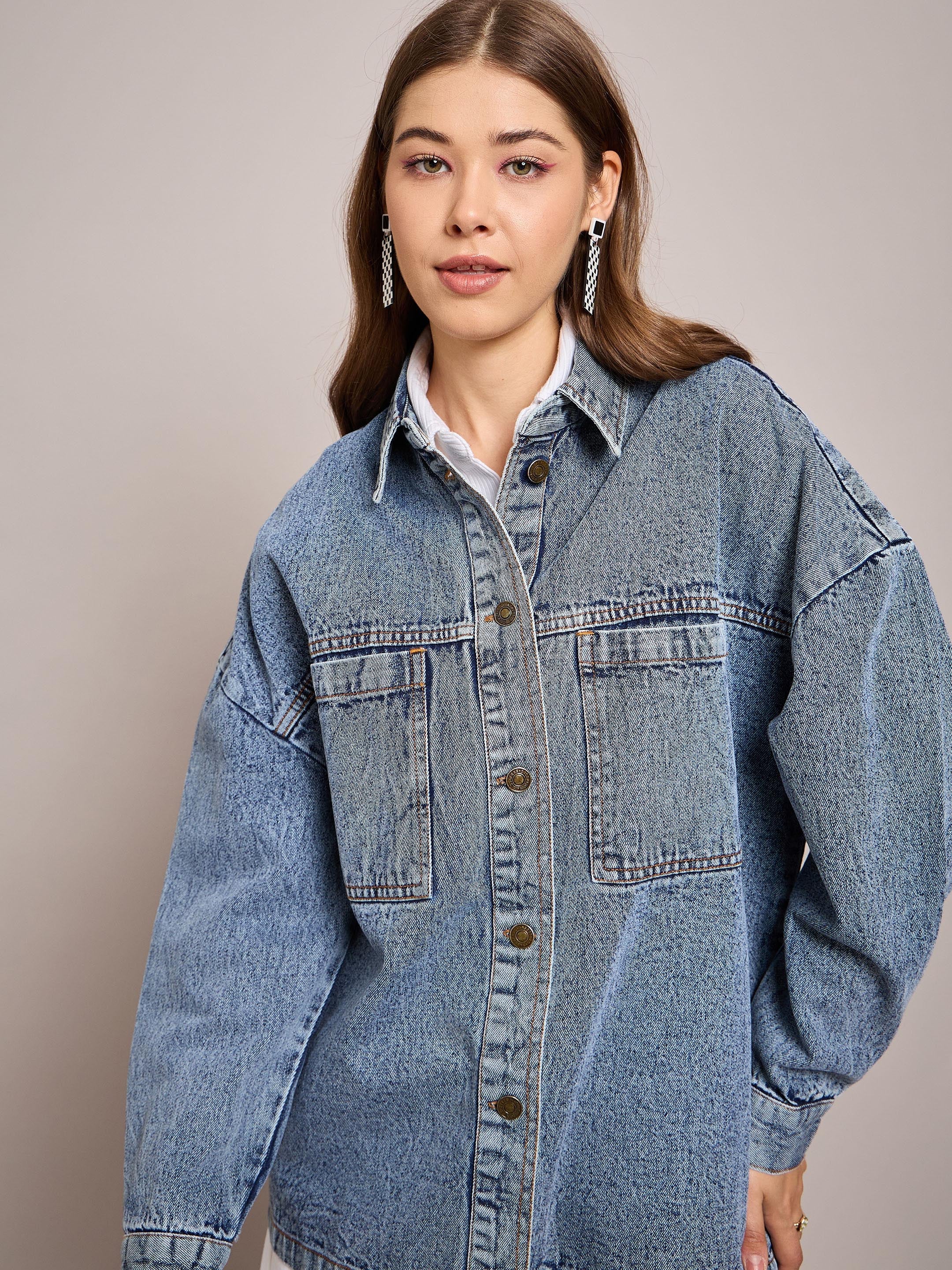 Women Blue Denim Oversized Jacket-SFJCKT6974