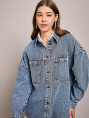 Women Blue Denim Oversized Jacket-SFJCKT6974