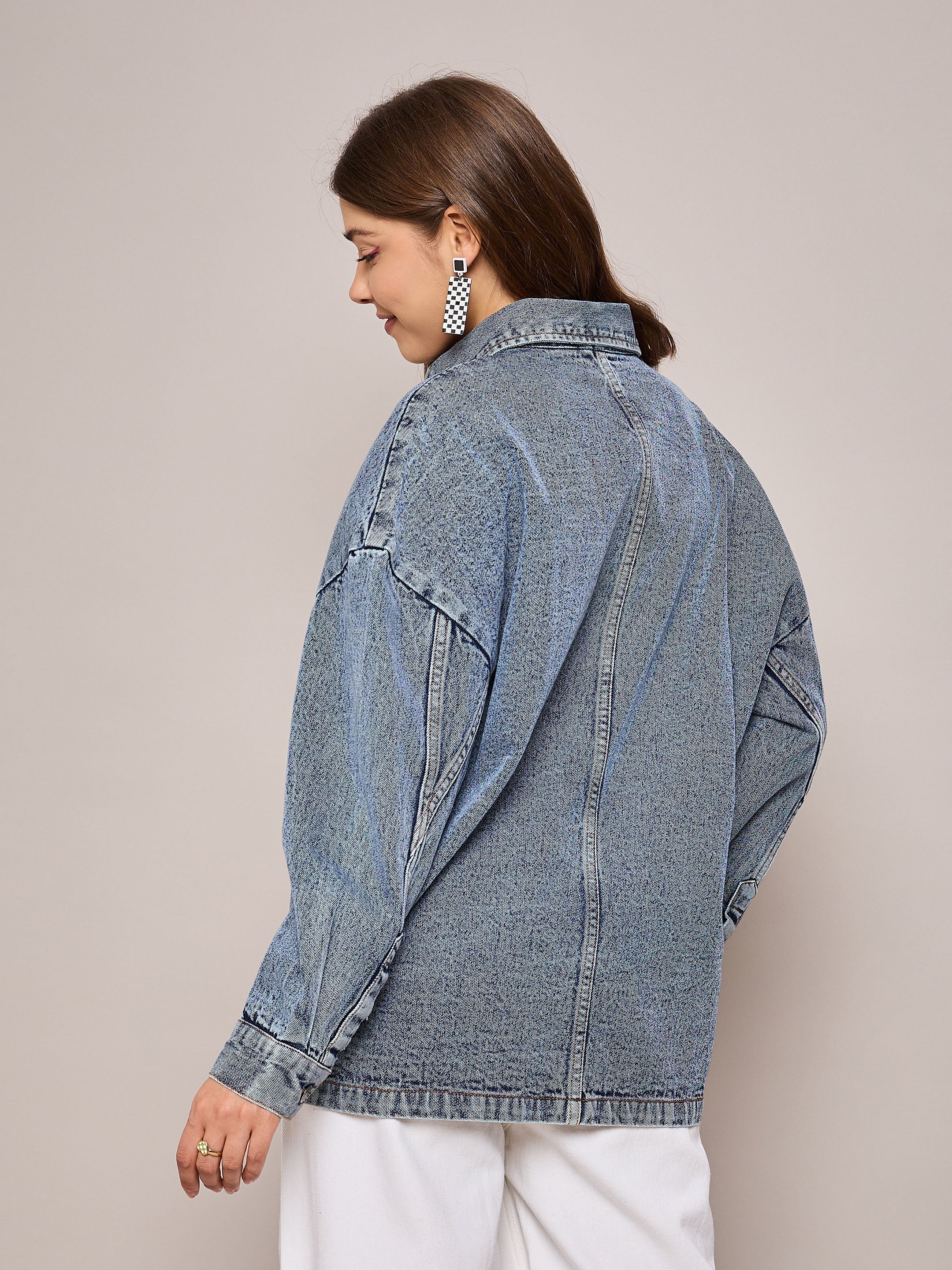 Women Blue Denim Oversized Jacket-SFJCKT6974