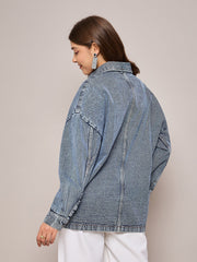 Women Blue Denim Oversized Jacket-SFJCKT6974