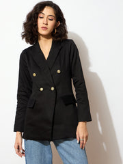 Women Black Full Sleeves Double Breasted Blazer-SFJCKT6975