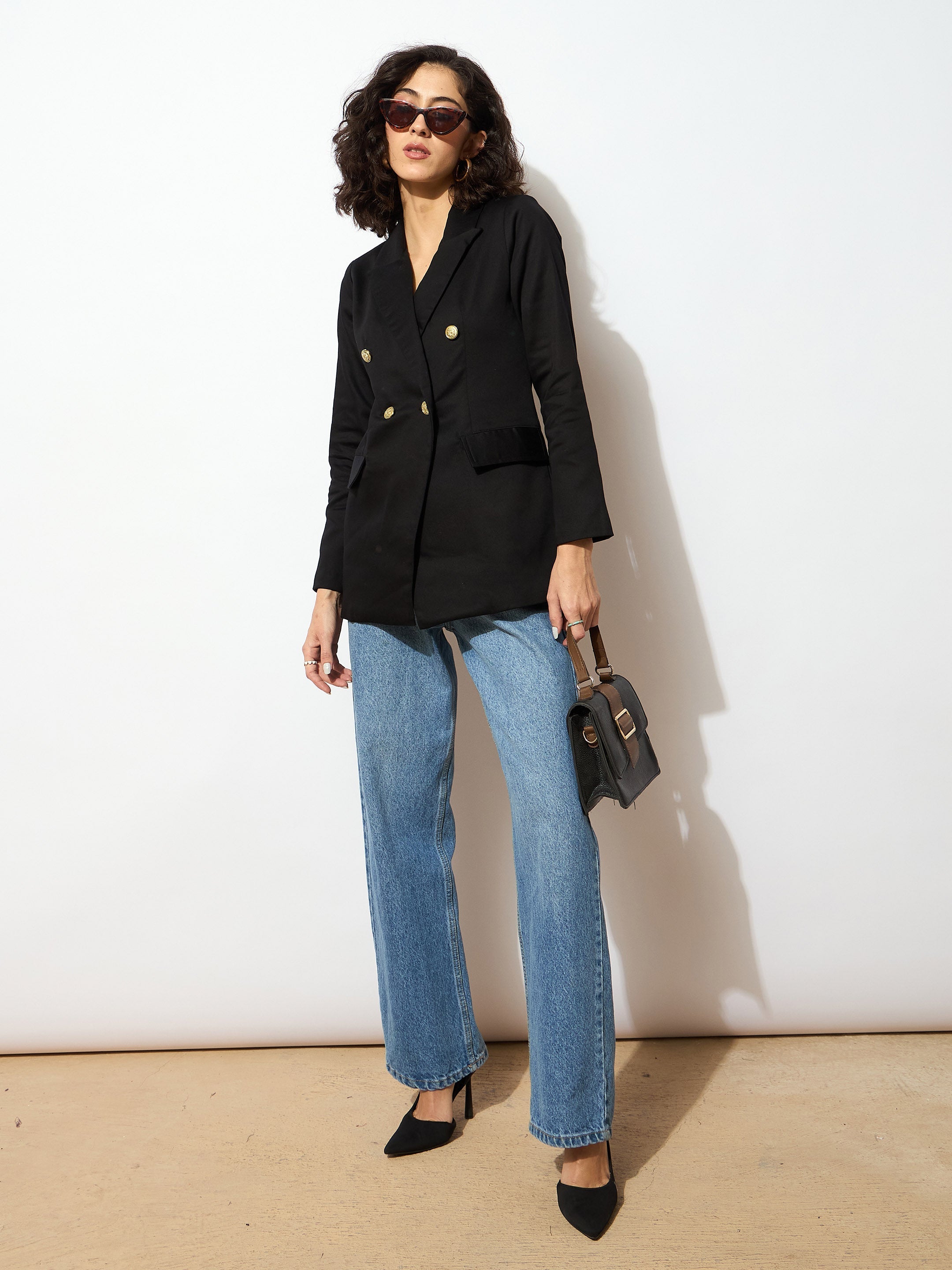 Women Black Full Sleeves Double Breasted Blazer-SFJCKT6975