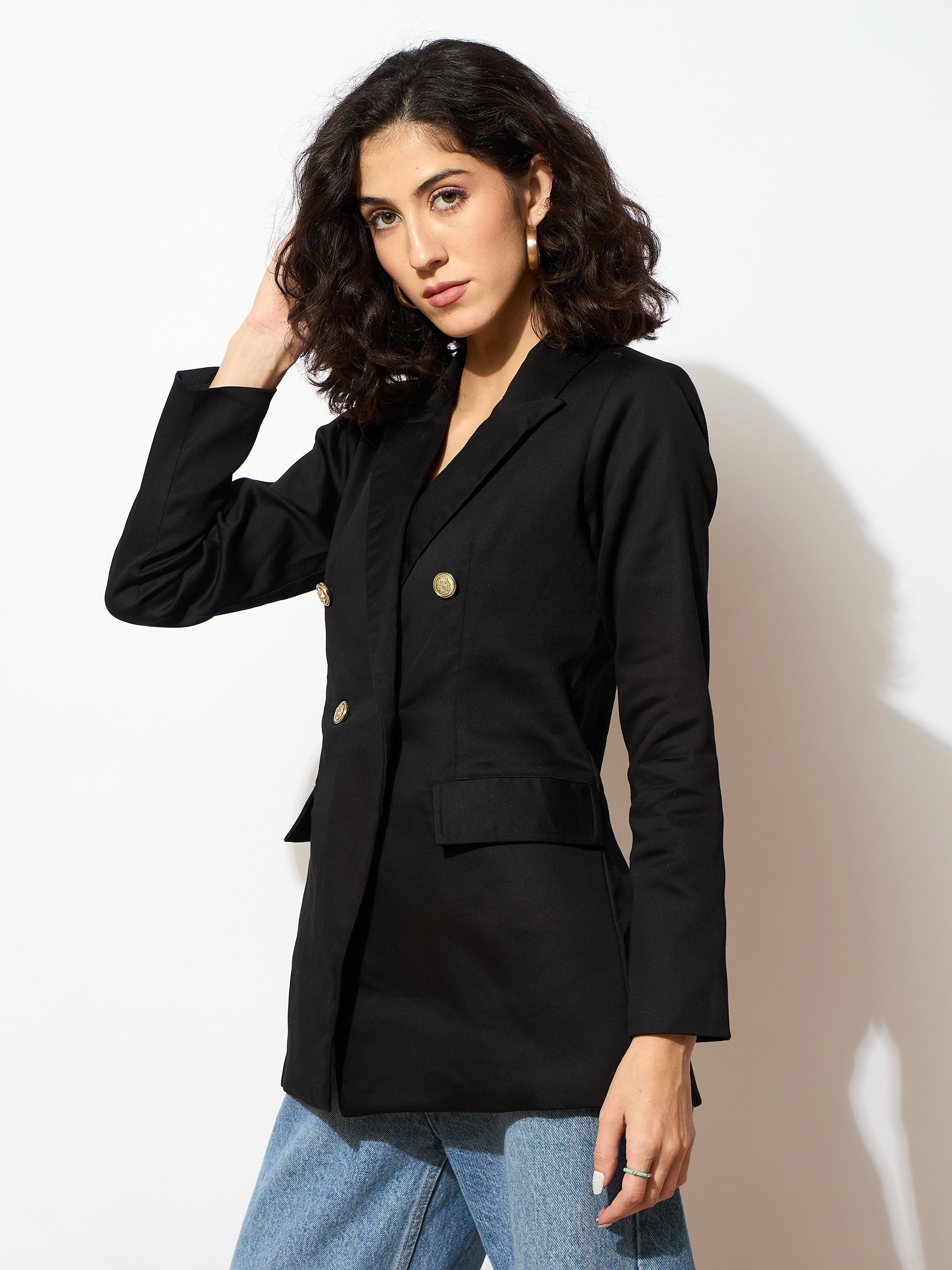 Women Black Full Sleeves Double Breasted Blazer-SFJCKT6975
