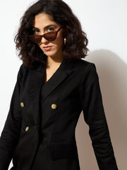 Women Black Full Sleeves Double Breasted Blazer-SFJCKT6975
