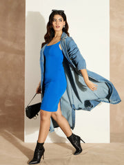 Women Blue Acid Washed Denim Over Coat-SFJCKT6978