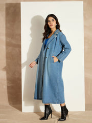 Women Blue Acid Washed Denim Over Coat-SFJCKT6978