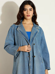 Women Blue Acid Washed Denim Over Coat-SFJCKT6978