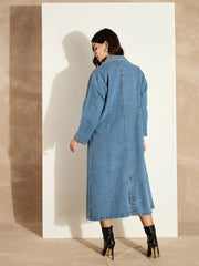 Women Blue Acid Washed Denim Over Coat-SFJCKT6978