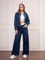 Women Blue Washed Denim Front Button Jacket-SFJCKT6980