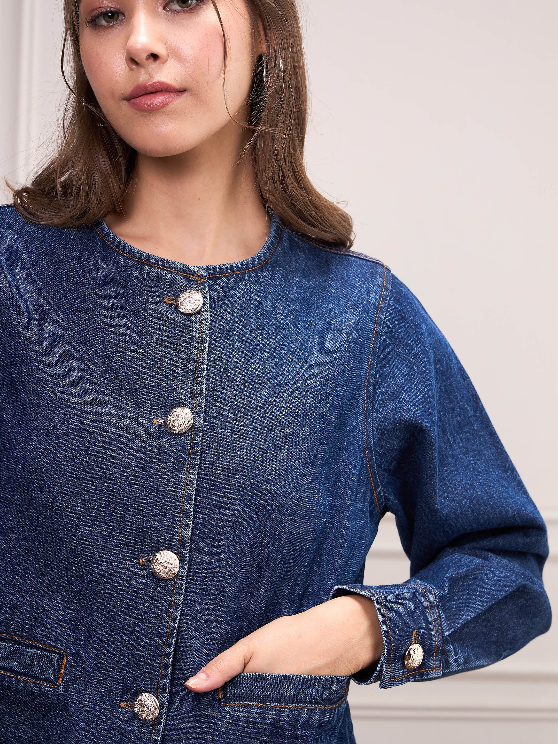 Women Blue Washed Denim Front Button Jacket-SFJCKT6980
