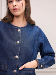 Women Blue Washed Denim Front Button Jacket-SFJCKT6980