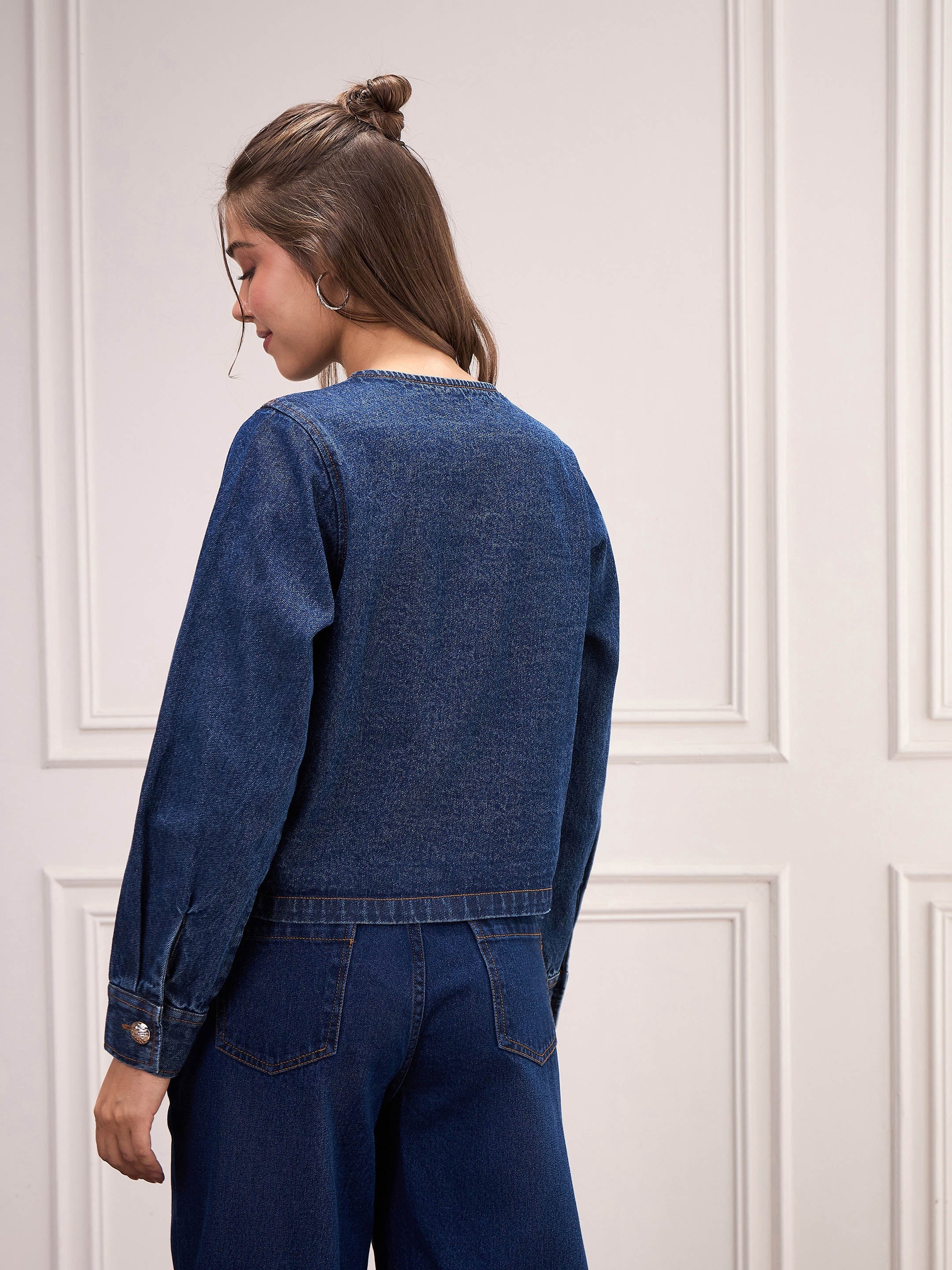 Women Blue Washed Denim Front Button Jacket-SFJCKT6980