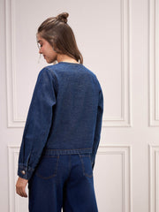 Women Blue Washed Denim Front Button Jacket-SFJCKT6980