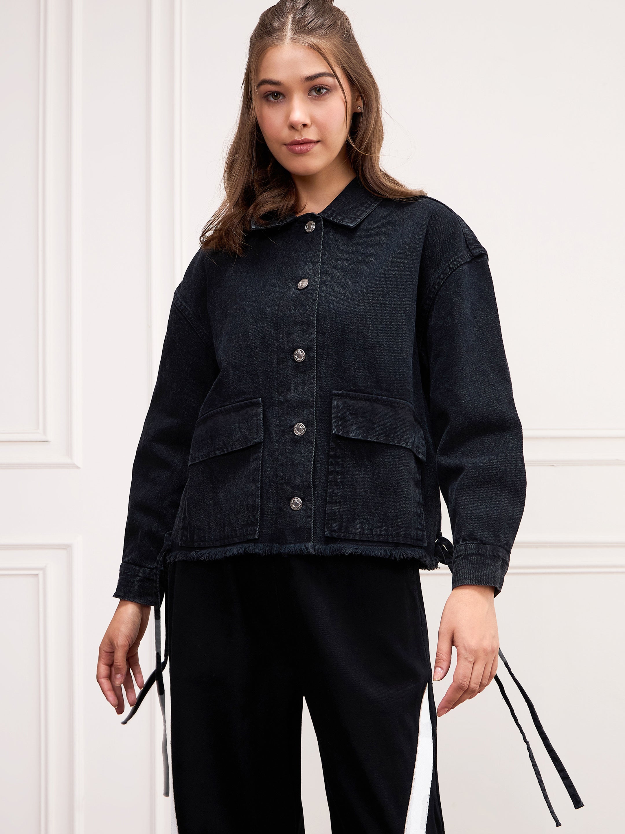 Women Black Washed Denim Front Pocket Jacket-SFJCKT6982