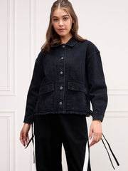 Women Black Washed Denim Front Pocket Jacket-SFJCKT6982