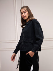 Women Black Washed Denim Front Pocket Jacket-SFJCKT6982