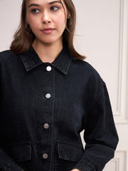 Women Black Washed Denim Front Pocket Jacket-SFJCKT6982