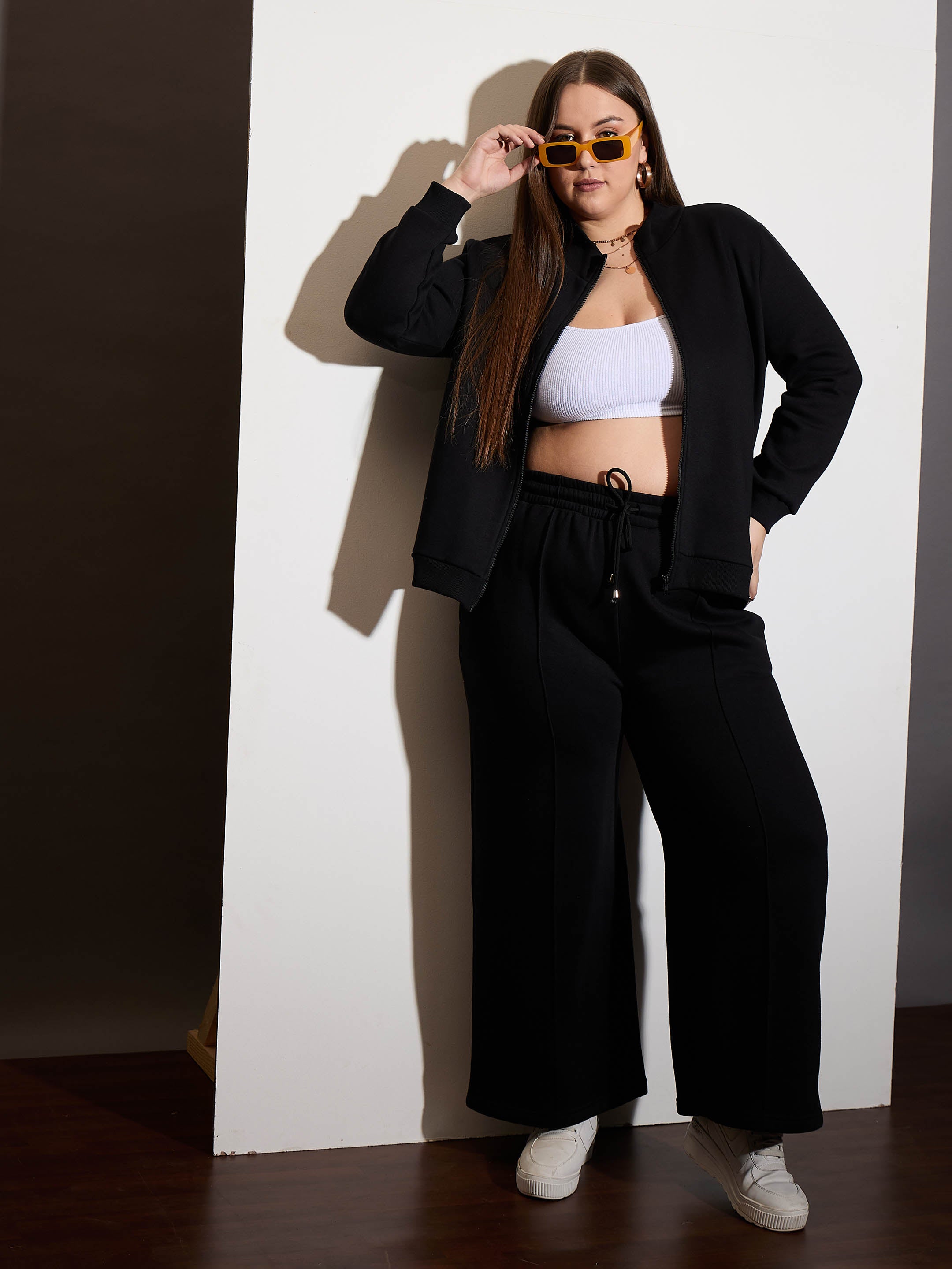 Women Black Fleece Front Open Zipper Jacket-SFJCKT6988