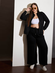 Women Black Fleece Front Open Zipper Jacket-SFJCKT6988