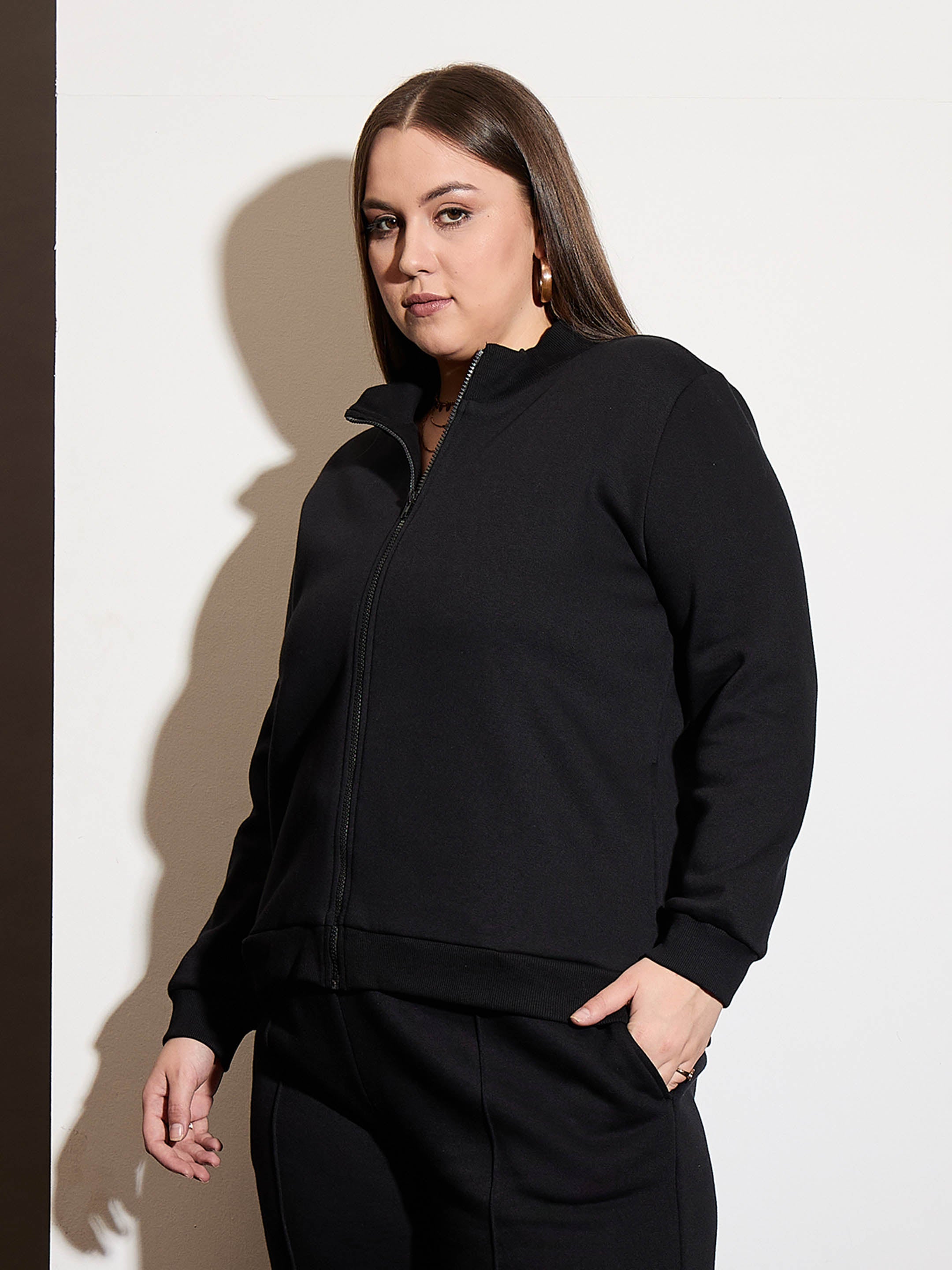 Women Black Fleece Front Open Zipper Jacket-SFJCKT6988
