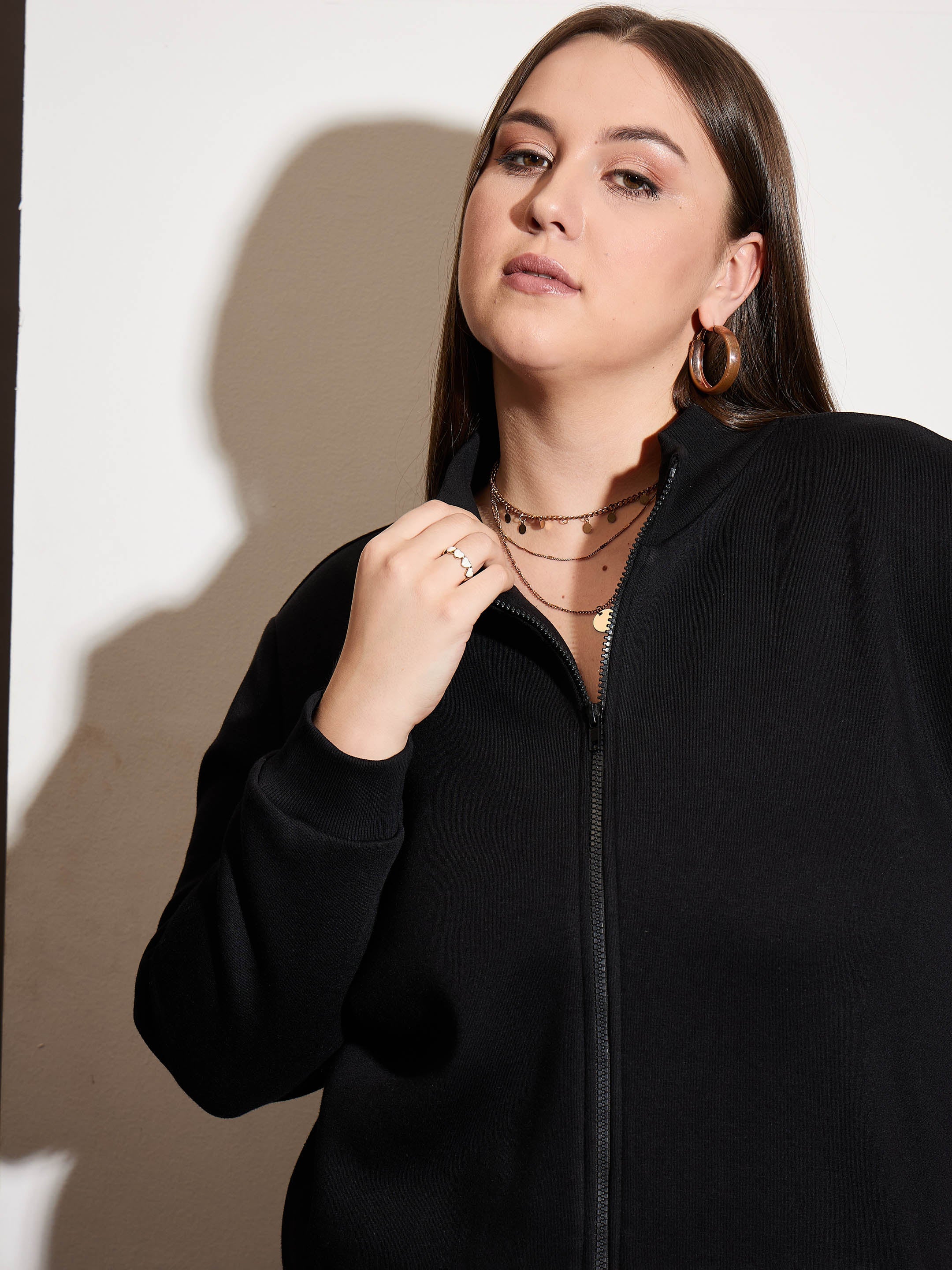 Women Black Fleece Front Open Zipper Jacket-SFJCKT6988