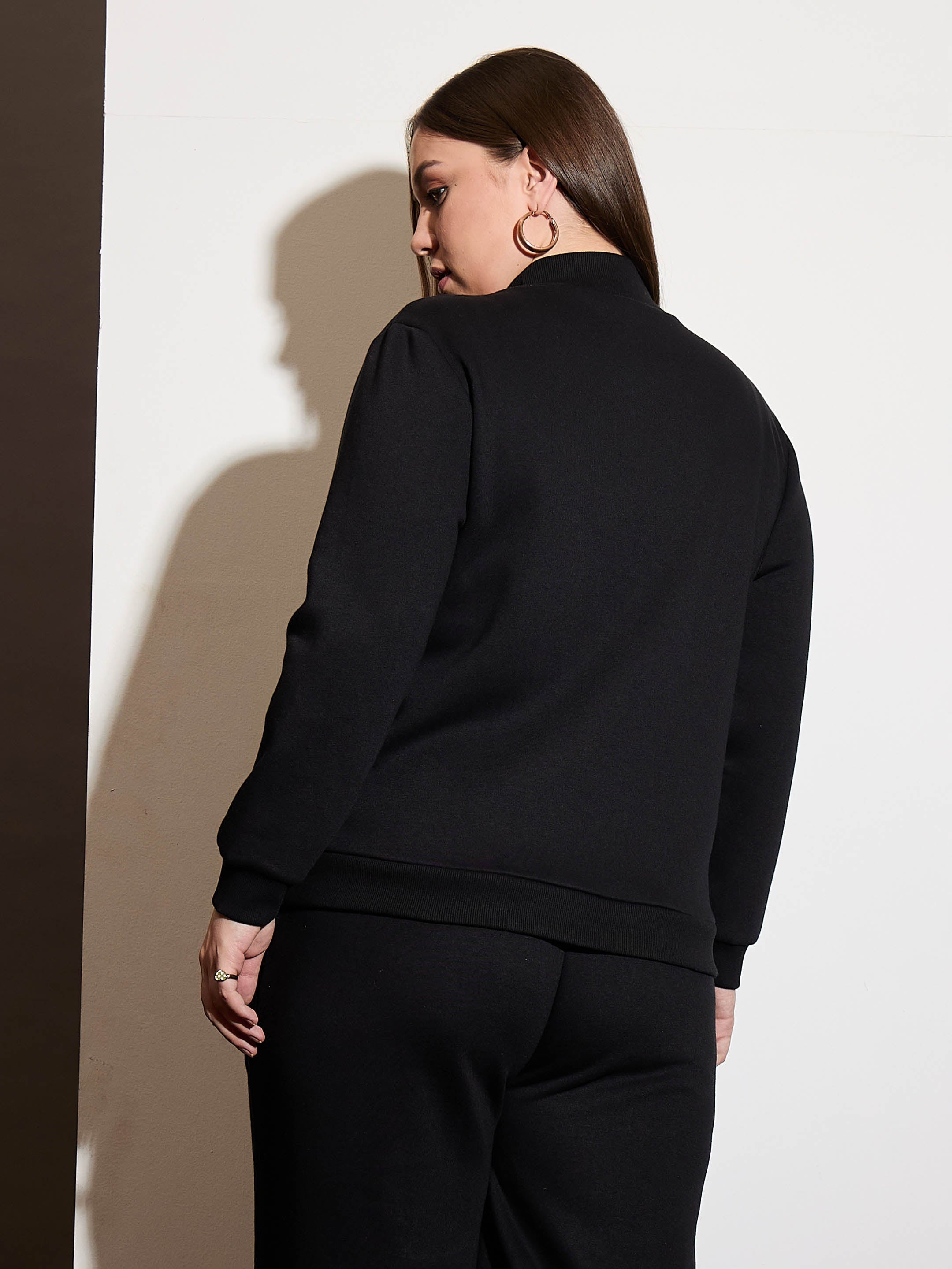 Women Black Fleece Front Open Zipper Jacket-SFJCKT6988