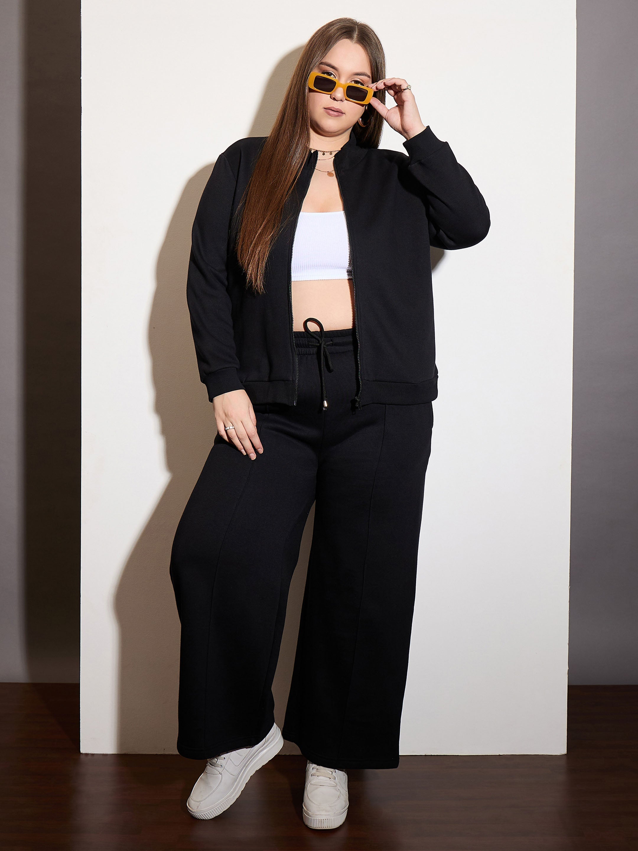 Women Black Fleece Front Zipper Jacket With Sweatpants-SFJCKT6988_SFPANT51006