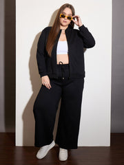 Women Black Fleece Front Zipper Jacket With Sweatpants-SFJCKT6988_SFPANT51006