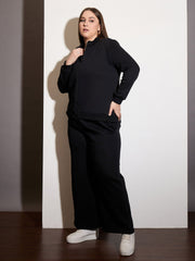 Women Black Fleece Front Zipper Jacket With Sweatpants-SFJCKT6988_SFPANT51006