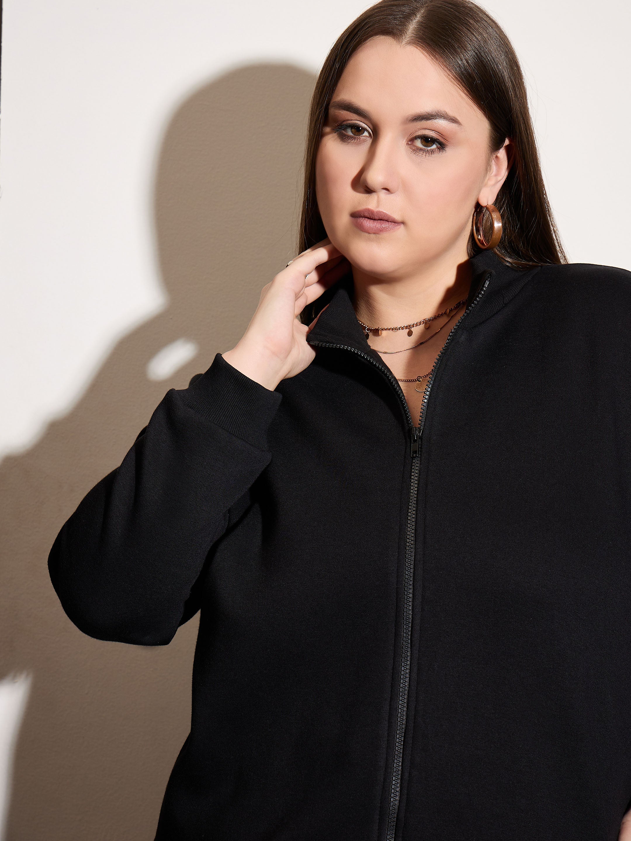 Women Black Fleece Front Zipper Jacket With Sweatpants-SFJCKT6988_SFPANT51006