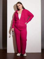 Women Fuchsia Terry Zipper Hoodie Jacket-SFJCKT6993