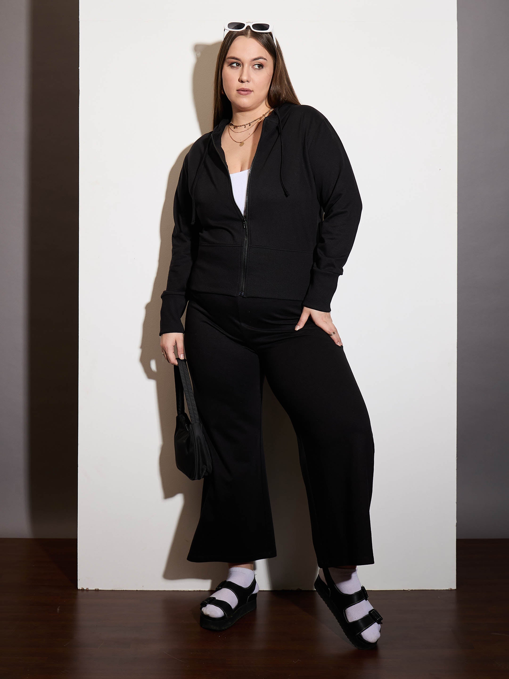 Women Black Terry Zipper Hoodie Jacket-SFJCKT6994