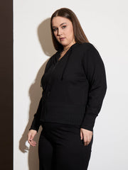 Women Black Terry Zipper Hoodie Jacket-SFJCKT6994