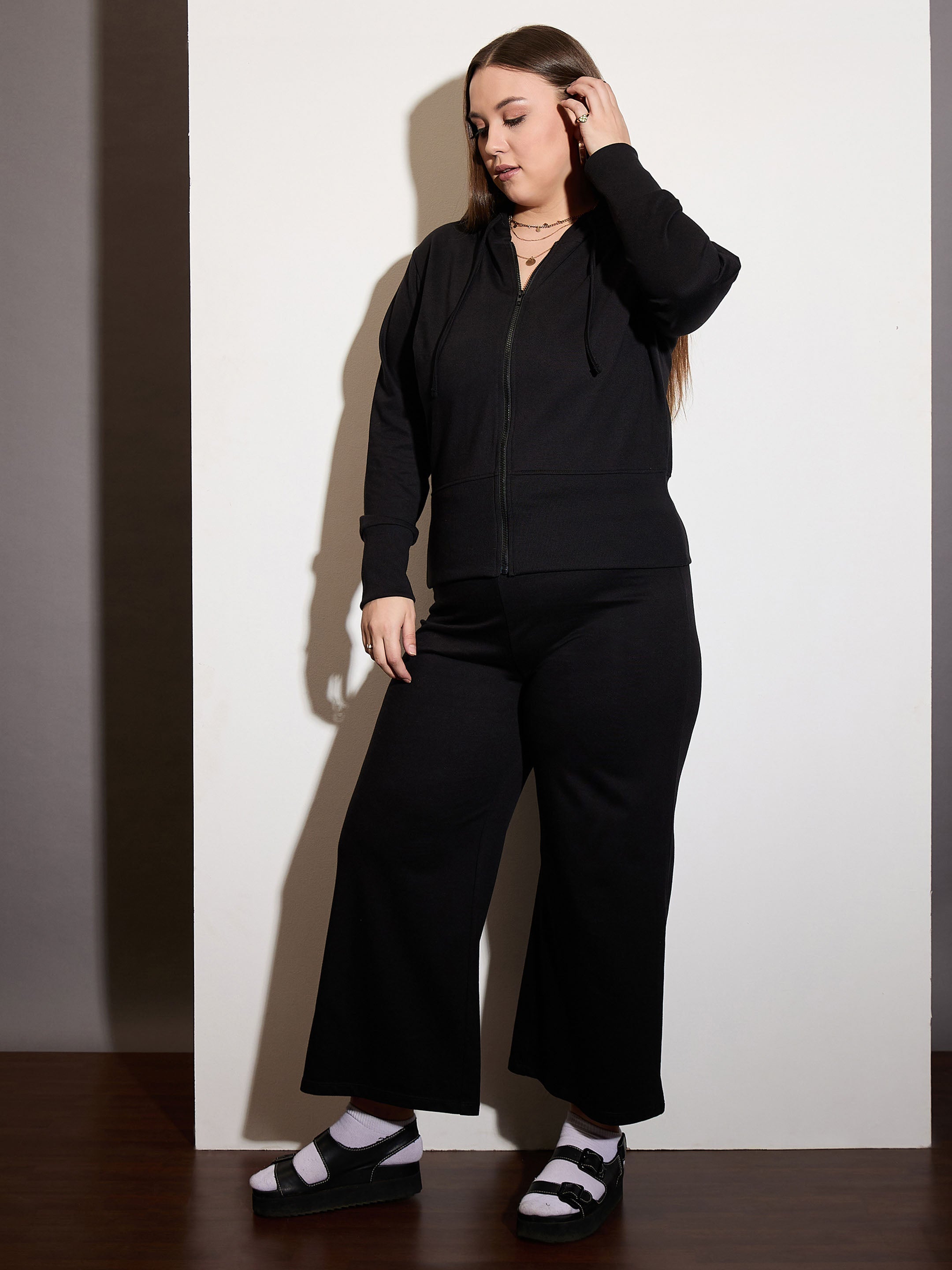 Women Black Terry Zipper Hoodie Jacket with Track Pants-SFJCKT6994_SFPANT51012