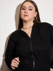 Women Black Terry Zipper Hoodie Jacket with Track Pants-SFJCKT6994_SFPANT51012