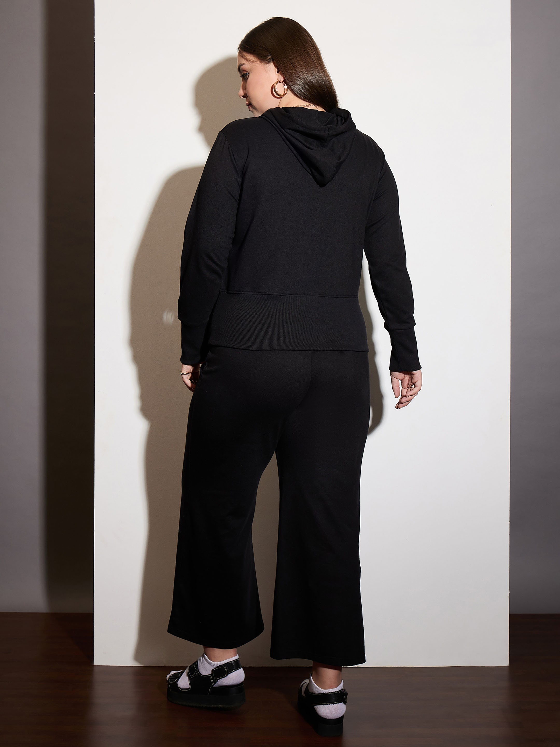 Women Black Terry Zipper Hoodie Jacket with Track Pants-SFJCKT6994_SFPANT51012