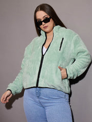 Women Green Faux Fur Contrast Piping Zipper Jacket-SFJCKT6996