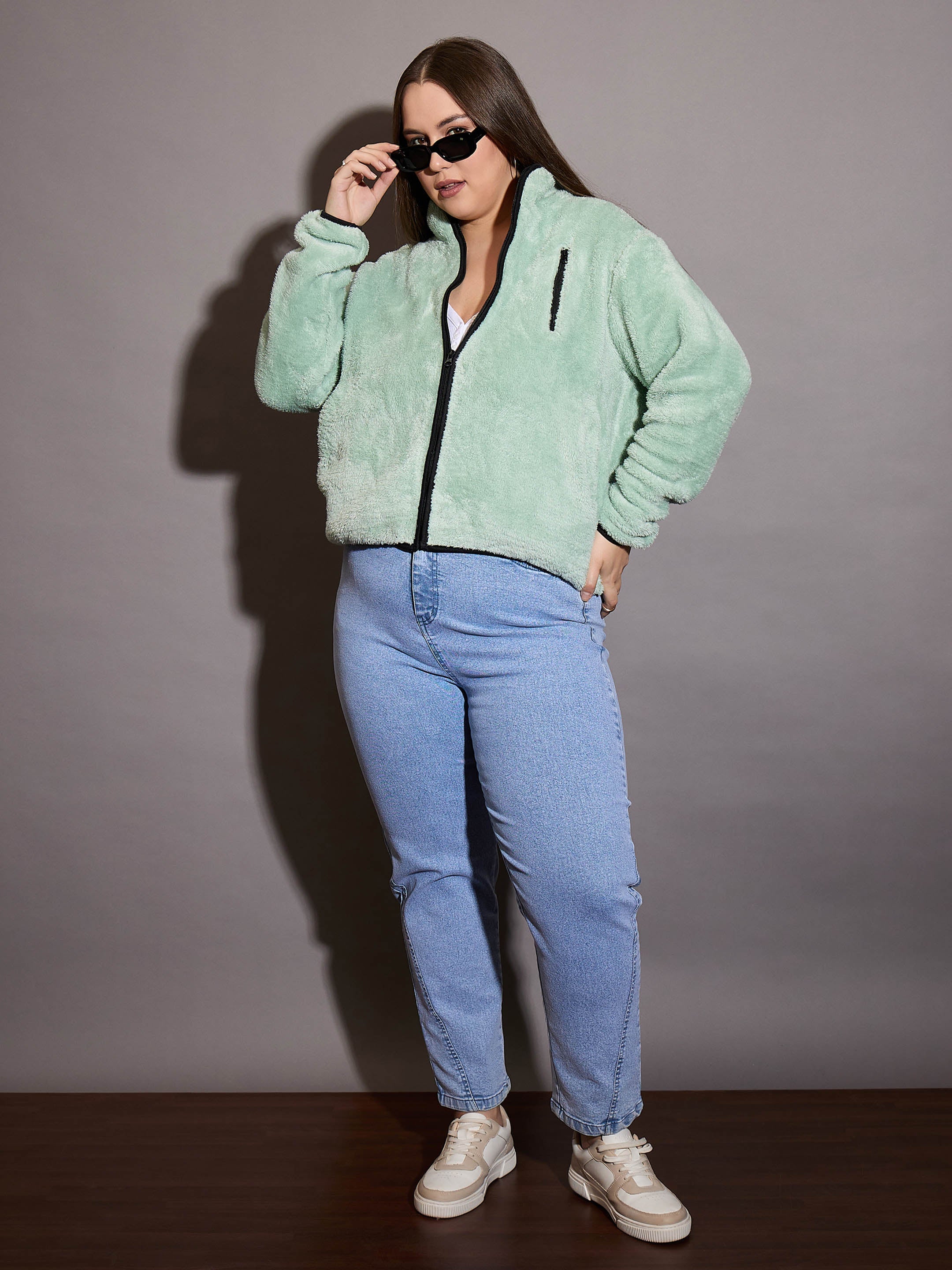 Women Green Faux Fur Contrast Piping Zipper Jacket-SFJCKT6996