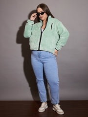 Women Green Faux Fur Contrast Piping Zipper Jacket-SFJCKT6996