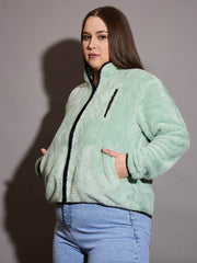 Women Green Faux Fur Contrast Piping Zipper Jacket-SFJCKT6996